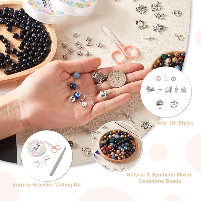 FASHEWELRY Evil Eye Bead Bracelet Earring Kit 8mm Crystal Stone Beads Round Natural Gemstone Planet Healing Chakra Energy Loose Spacer Beads for Women Handmade Jewelry