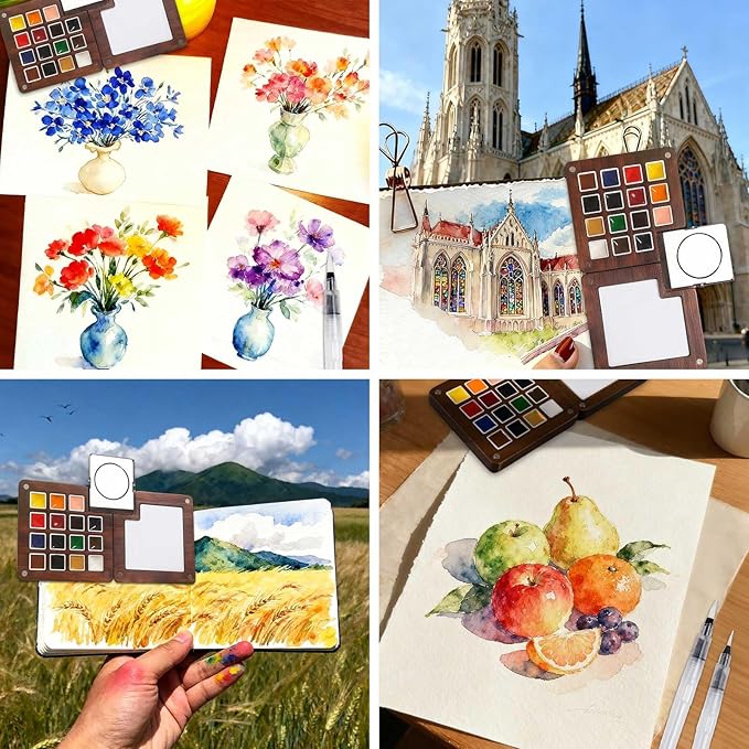Esoes Mini Watercolor Travel Set - 15 Color Updated Wooden Water Color Paint Set, Portable Pocket Artist Painting Kit With Colors for Painters Artists Students