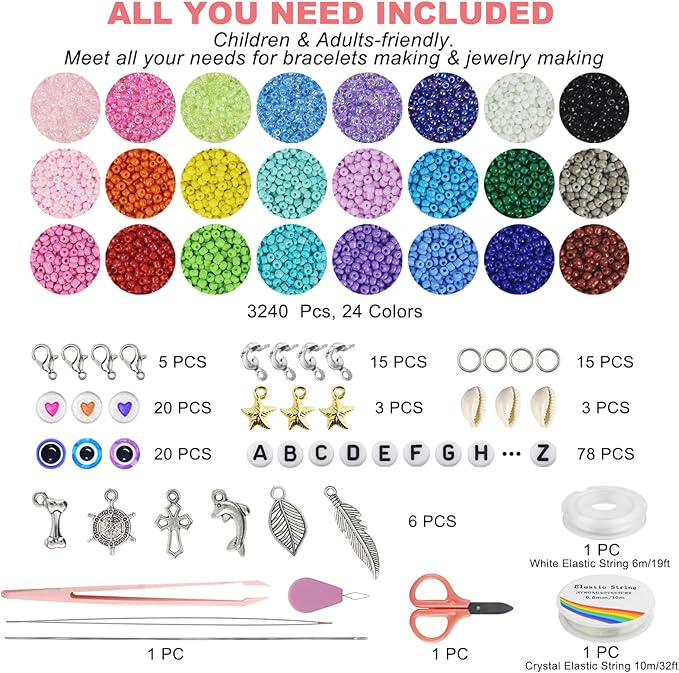 Redtwo 4mm Glass Seed Beads for Jewelry Bracelet Making Kit, Small Beads Friendship Bracelet Kit, Tiny Waist Beads with Letter Beads and Elastic String, DIY Art Craft Girls Gifts