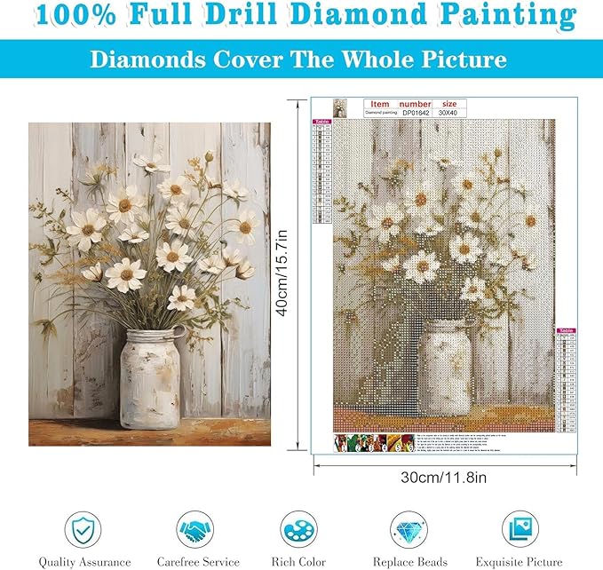 ARPADAMO Vintage Diamond Art Kits for Adults,5D Diamond Painting DIY Flower Diamond Art Diamond Painting Kits for Adult,Round Full Drill Diamond, Diamond Art Kits for Home Decor-12x16inch