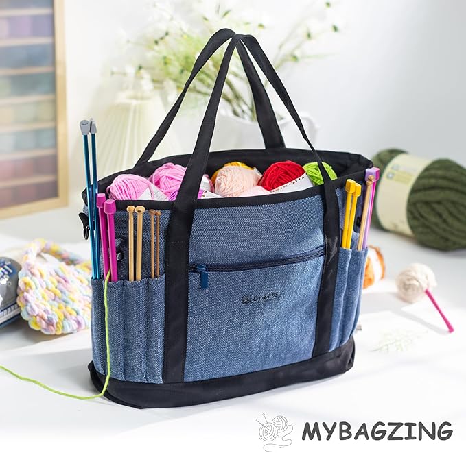 Canvas Yarn Storage Organizer Bag Washable Crochet Bag with Pockets for Yarn, Hooks, Needles – Travel Knitting Tote for Crafters – Gift for Crocheters & Knitters (Medium/Large)