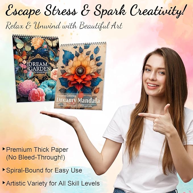 2Pcs Coloring Books for Adults Relaxation Coloring Book for Women Spiral Bound Printed On One Side, Adult Coloring Book for Women with 48 Patterns, Anxiety Relief Gifts(Mandala & Dream Garden)