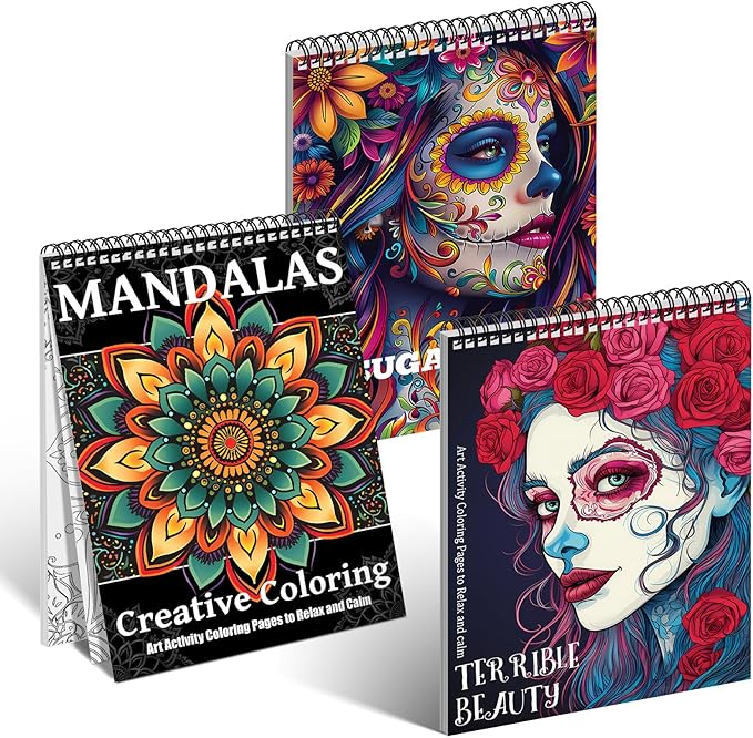 3Pcs Coloring Books for Adults Relaxation, 72 Patterns Sugar Skull Coloring Book for Adults, Mandala Coloring Book for Women, Spiral Coloring Books for Women Spiral Bound Printed On One Side