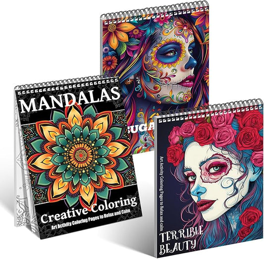 3Pcs Coloring Books for Adults Relaxation, 72 Patterns Sugar Skull Coloring Book for Adults, Mandala Coloring Book for Women, Spiral Coloring Books for Women Spiral Bound Printed On One Side