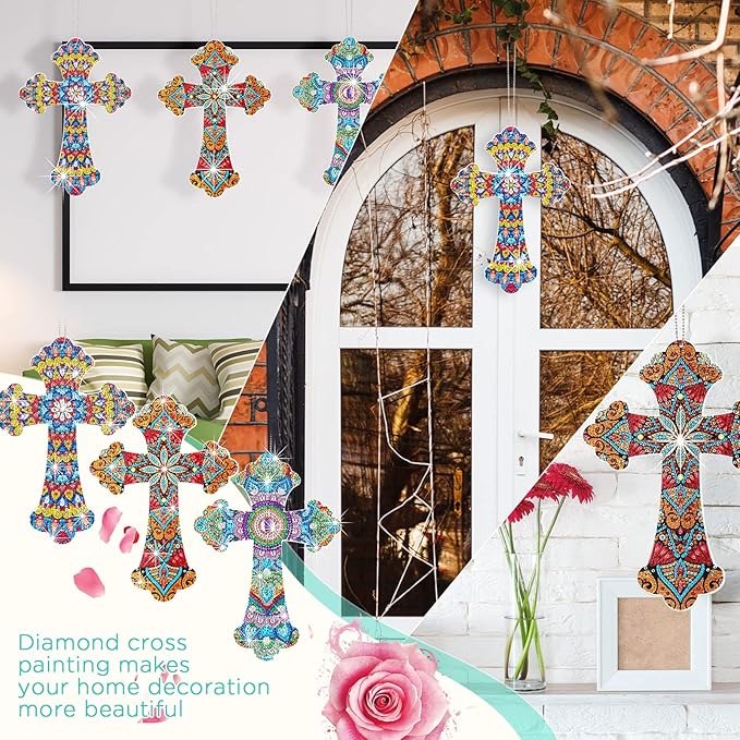 Faccito 3 Pcs Cross Diamond Art Painting Hanging Kit for Adult DIY 5d Crystal by Number Mandala Cross Rhinestone Pendant Acrylic Mosaic Wall Ornament Gift for Easter Religious Christians Woman