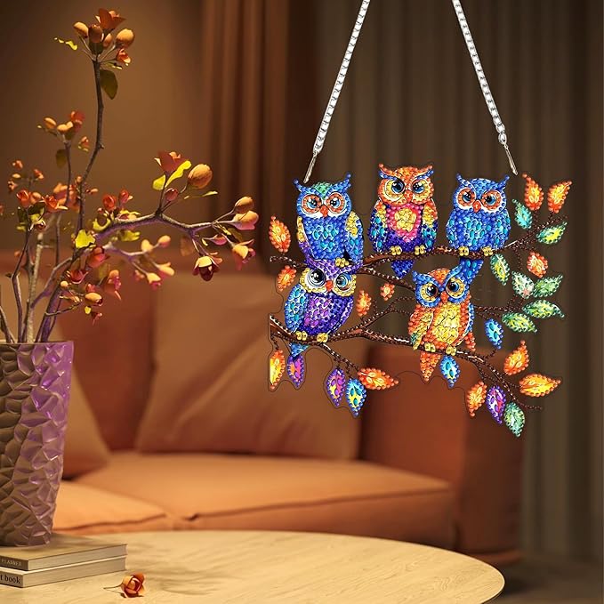 Lxmsja DIY Colorful Owls Diamond Painting Hanging Ornament, Double-Sided Acrylic Tree Branch Diamond Art Kit, Special Shaped Suncatcher Hanging Pendant Window Art Kit 7x8 inch