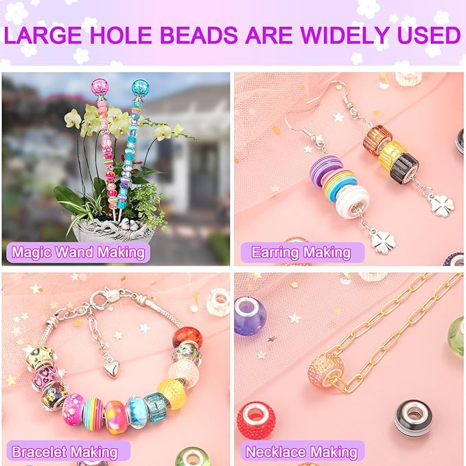 220 Pcs European Large Hole Spacer Beads, Zyehxed Assortment European Craft Beads Colorful Rhinestone Lampwork Beads Fairy Garden Beads For DIY Charms Bracelet Necklace Earring Jewelry Making Supplies