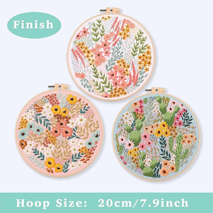 reewisly 3 pcs embroidery starter kit with patterns and instructions, diy adult cross stitch kits beginner, including 3 plastic embroidery rings, 1 scissors, colored threads and needles