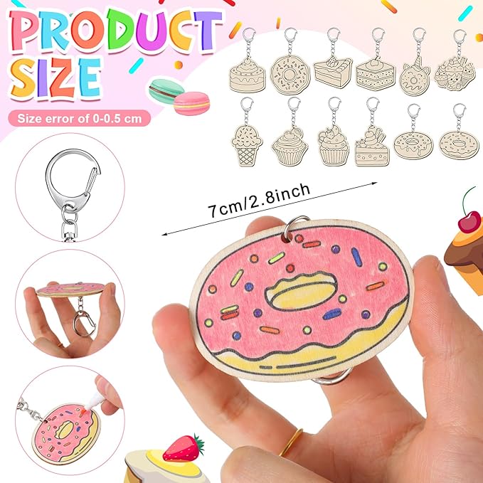 Trnayi 36 Pcs Dessert Craft Color Your Own Sweet Treat Keychains Unfinished DIY Coloring Ice Cream Wooden Donut Cupcake Crafts Blank Wood Painting Kits for Summer Art Donut Party Favors