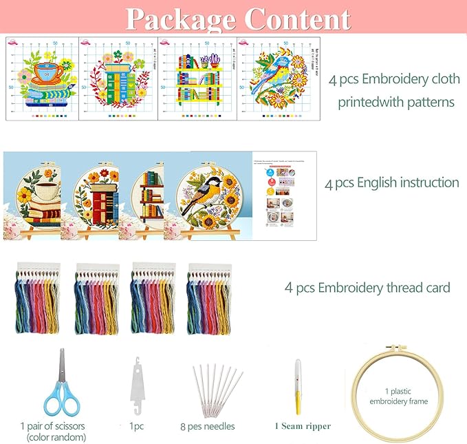 Zhenqing Book Lover's Cross Stitch Kit - 4-Piece Set with Pre-Printed 11CT 24x24cm Fabric, Hoop & Tools, Reading & Flower Themes for Beginners(70411)