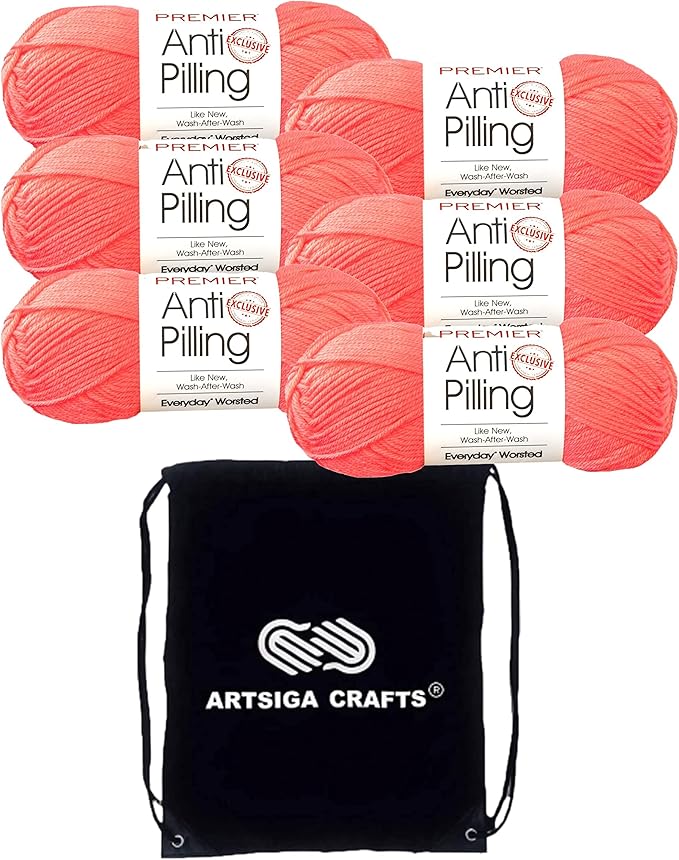 Premier Yarns Everyday Anti-Pilling Solid Coral DN100-54 (6-Skeins - Same Dye Lot) #4 Worsted Weight Acrylic Yarn for Crocheting and Knitting with Project Bag