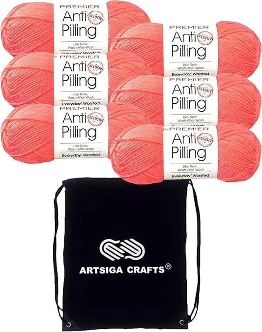 Premier Yarns Everyday Anti-Pilling Solid Coral DN100-54 (6-Skeins - Same Dye Lot) #4 Worsted Weight Acrylic Yarn for Crocheting and Knitting with Project Bag