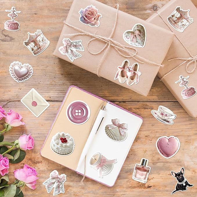 h1vojoxo vintage coquette aesthetic stickers - 1000pcs pink coquette stickers in 2 rolls waterproof vinyl girly realistic coquette decal for kids girls water bottle scrapbook laptop crafts giftwrap