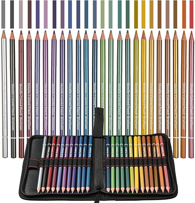 Metallic Pencils,Oil Based Wooden Metallic Colored Pencil Set for Adults Coloring Books Drawing Sketching Art Supplies