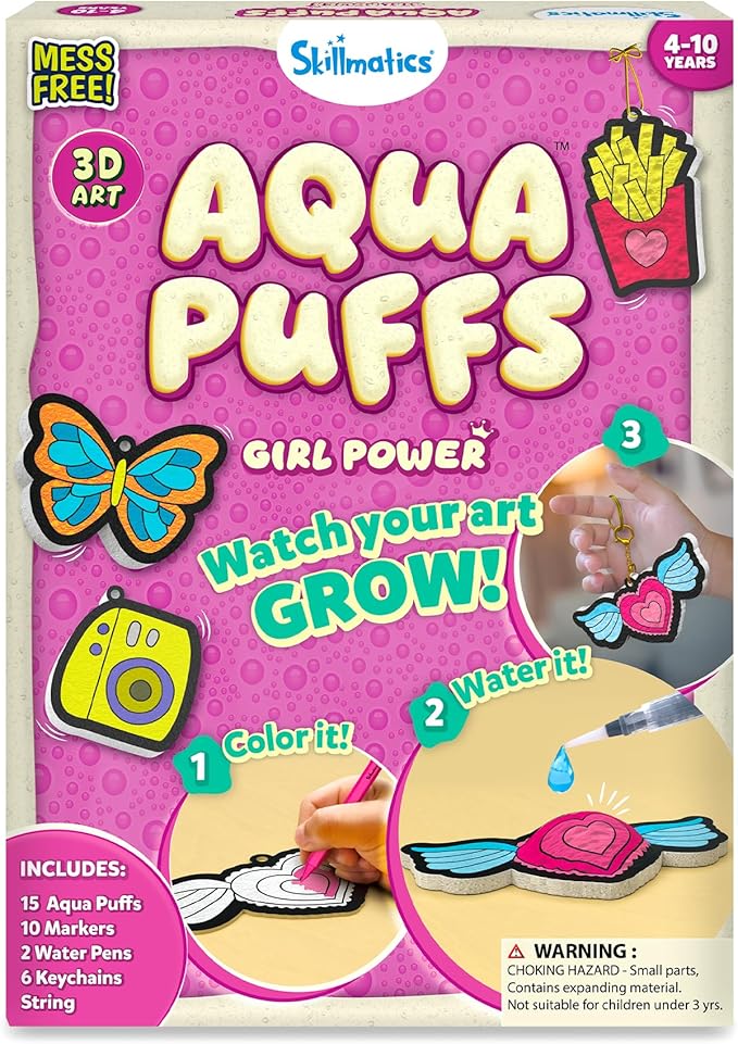 Skillmatics Aqua Puffs – 3D Art Kit, Girl Power, Mess-Free Paint by Number Craft for Kids, DIY Color & Inflate Activity, Travel Toys & Creative Gifts for Girls Ages 4, 5, 6, 7, 8, 9, 10