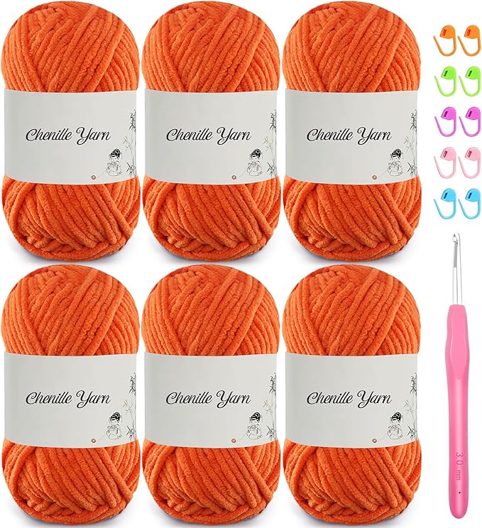 SIMEIQI 6 Pack of 1.76oz Chenille Yarn for Crocheting,60yards Soft Fluffy Velvet Yarn, Ideal Crochet for DIY Baby Blankets Toys Scarves Throw Pillows Hats Cushions(Orange)