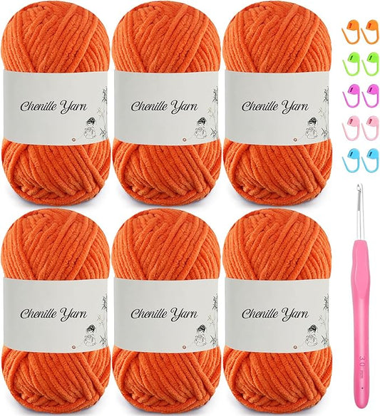SIMEIQI 6 Pack of 1.76oz Chenille Yarn for Crocheting,60yards Soft Fluffy Velvet Yarn, Ideal Crochet for DIY Baby Blankets Toys Scarves Throw Pillows Hats Cushions(Orange)