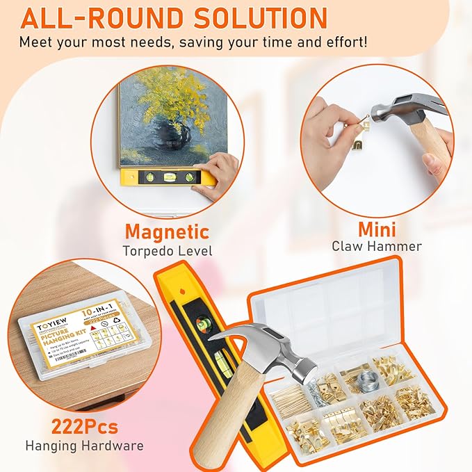 Picture Hanging Kit, 224pcs Hanging Hardware with Hooks, Wire, Nails, D Rings, Photo Sawtooth Hangers, Ring Hooks, Wall Art Frame Hanging Kit with Yellow Magnetic Level and Small Claw Hammer