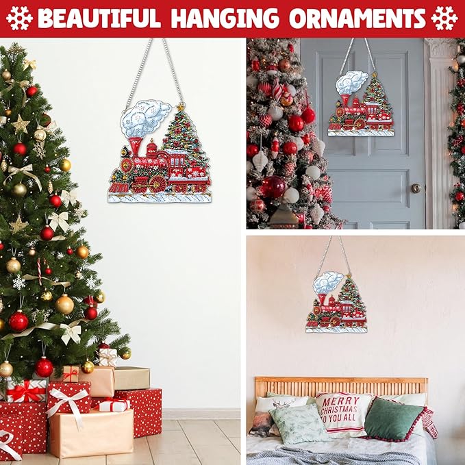 NAIMOER Christmas Diamond Art Hanging Kits for Adults, Christmas Train Diamond Art Suncatchers, 5D Special Shape Fall Diamond Painting Pendant Window Ornament Gifts for Home Garden Door Wall Decor
