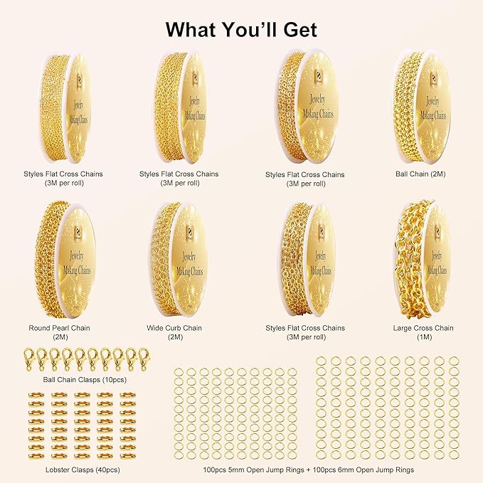PP OPOUNT Gold Necklace Chains for Jewelry Making, 62.3 Feet 8 Rolls Chain for Jewelry Making DIY Necklace Bracelet Belt Earrings with Open Jump Rings & Lobster Clasps