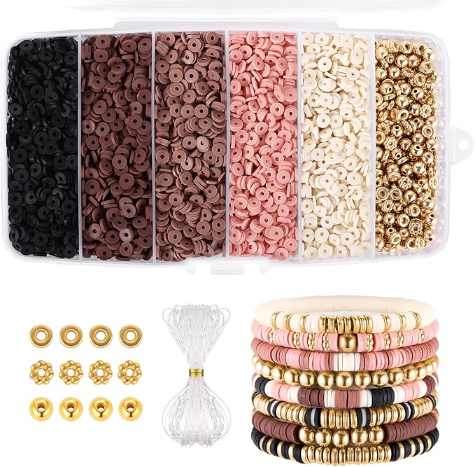 Funtopia 5200+ Pcs Brown Clay Beads Bracelet Making kit, Heishi Beads Polymer Clay Beads for Jewelry Making, Friendship Bracelet Kit with Gold Beads Charms for Girls Adults (6mm)