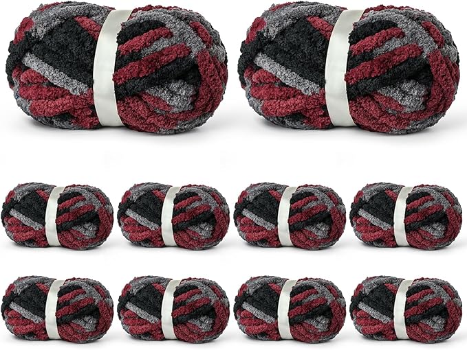 10 Pack Jumbo Chunky Yarn for Hand Knitting, Fluffy Variegated Chunky Chenille Yarn for Crocheting, 240yds/70.5oz Super Bulky Soft Crochet Baby Blanket Yarn(Gray-Black-Red)