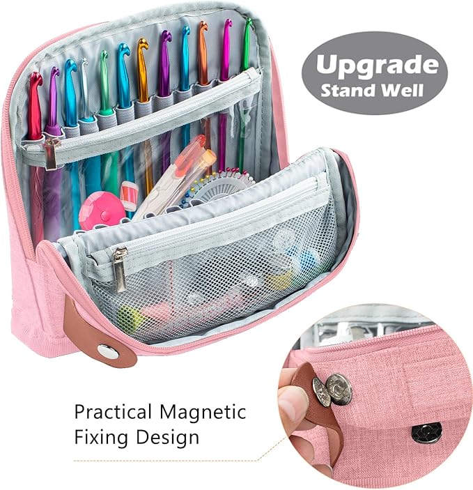 MYBAGZING Empty Crochet Hook Case, Stand-Up Waterproof Crochet Organizer with Multiple Pockets, Portable Storage Holder for Knitting & Crochet Accessories (Case Only)