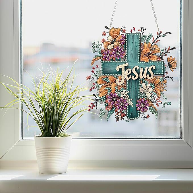 SENQAO Cross Flower Diamond Art Hanging Kit for Adult, Special Shaped Rhinestone,DIY Acrylic 5D Diamond Art Painting Window Pendants Home Garden Wall Hanging Kits Hanging Ornament（Jesus）