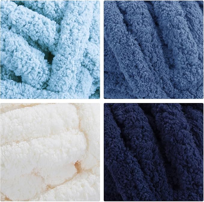MABOZOO Assorted Chunky Yarn for Crocheting 8 Pack,Fluffy Jumbo Chenille Yarn,Soft Plush Yarn Bulky,Giant Thick Fuzzy Yarn for Hand or Arm Knitting,Cream & Multi Blue(31.7 yds,8 oz Each Skein)
