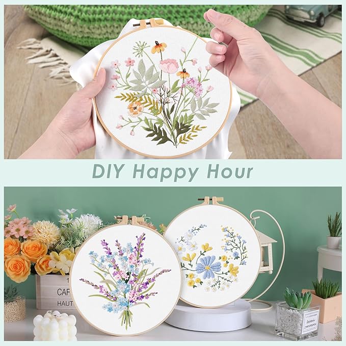 ERKOON Embroidery Kit for Beginners, 5 Sets Flower Cross Stitch Set for Adults Include Embroidery Cloth Hoops Threads for Craft Lover Hand Stitch with Skill Techniques (Flower)