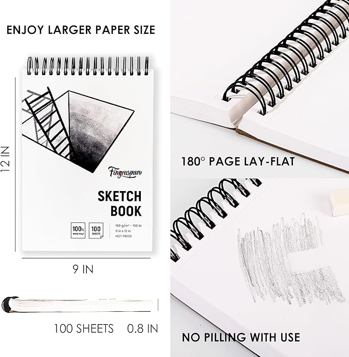 Fingraspuro 9"x12" Sketch Book, 100 Sheets, 108lb/160gsm, Top Spiral Bound Sketch Pad, Art Supplies, Sketchbook for Drawing, Acid-Free Hot Press Drawing Pad, Suitable for Various Art Tools