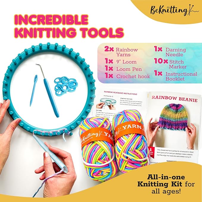 BeKnitting Loom Kit - Beginner Learn to Knit Hat, Bag and Headband for Kids & Adults | DIY Arts & Crafts w/Round Loom, Yarn, Crochet Hook, & Pen | Weaving | Holiday Gifts, Gift-Ready Box