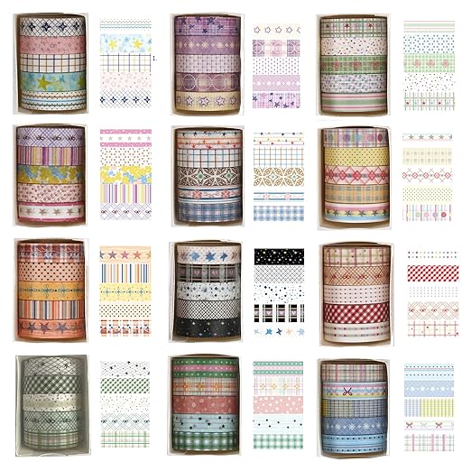 60 Rolls Cute Washi Tape Pack Basic Mini Adhesive Tapes Stars, Plaids, Florals, Grids & Dots Patterns Decorative Masking Tape Sets for Craft, Kids, Scrapbook, DIY, Gift Wrapping (Basic)