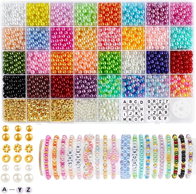 2085pcs Pearl Beads, 32 Colors Colorful Round Beads for Bracelets, Pearl Bead for Jewelry Making, Bracelet Making Kit with Gold Spacer Letter Bead for Crafting Bracelet Necklace Earrings DIY