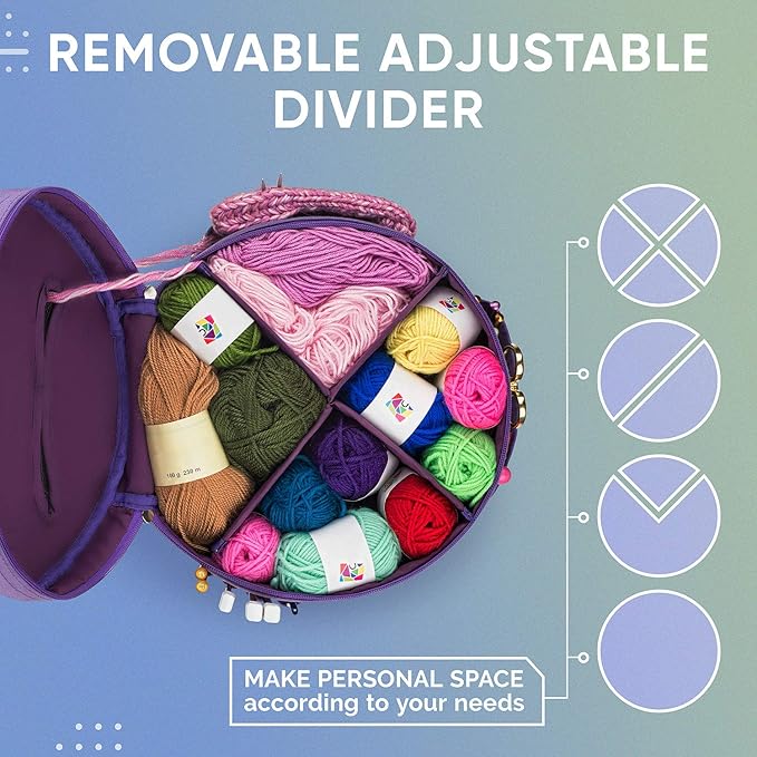 CRAFTISS Knitting Bag Yarn Storage - Gift for Crocheters - Durable Canvas Yarn Holder for Crochet Accessories - Organizer Crochet Bag with Knitting Accessories Case (Purple)
