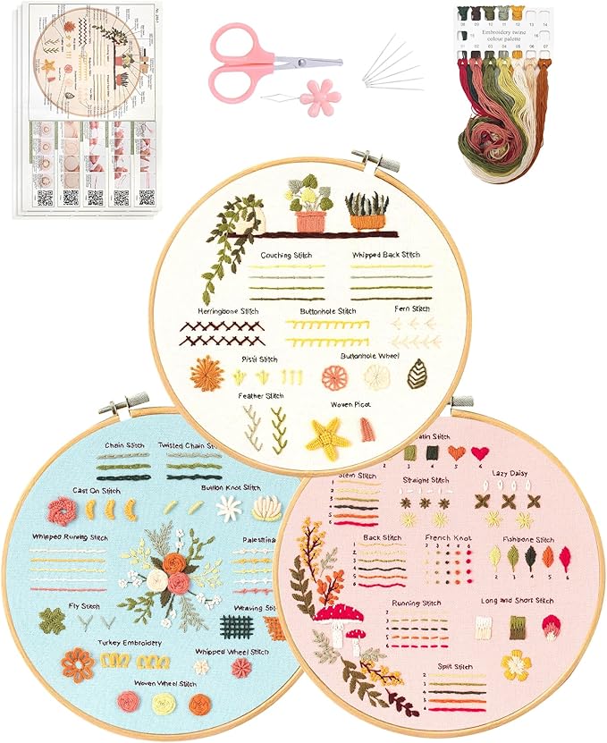Santune 3 Sets Embroidery Kit for Beginners Adults,Learn Over 30 Different Stitches,DIY Cross Stitch Kits,Including Clear Instructions,Video Tutorials,Stamped Flower Patterns,Hoop,Color Threads,Tools