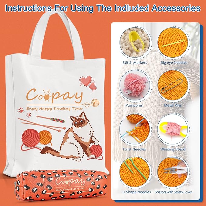 coopay crochet kit beginners crochet starter kit with 15 colors yarn, 71pcs crochet beginners set crochet kit for adults, cat canvas tote bag full crochet accessories & instructions