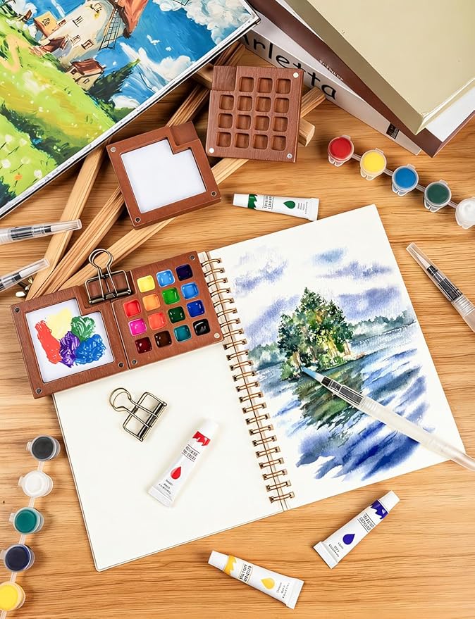 Mini Watercolor Travel Set, Mini Watercolor Paint Set with 2 Wooden 15-Grid Palette, 24 Colors Paint, 2 Sketch Books and 4 Brushes, Copper Clip and Sketchbook for Travel Painting