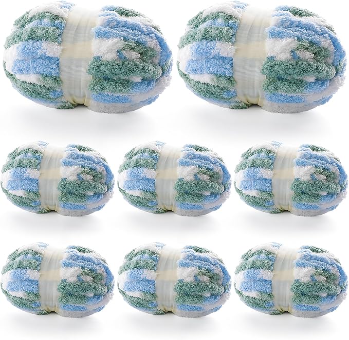 8 Pcs Chunky Yarn for Hand Knitting - Chunky Chenille Yarn for Crocheting - Fluffy Yarn for Crochet - Jumbo Yarn for Hand Knitting 200 yds 61.6 oz of Super Bulky Yarn (Blue-White-Green)