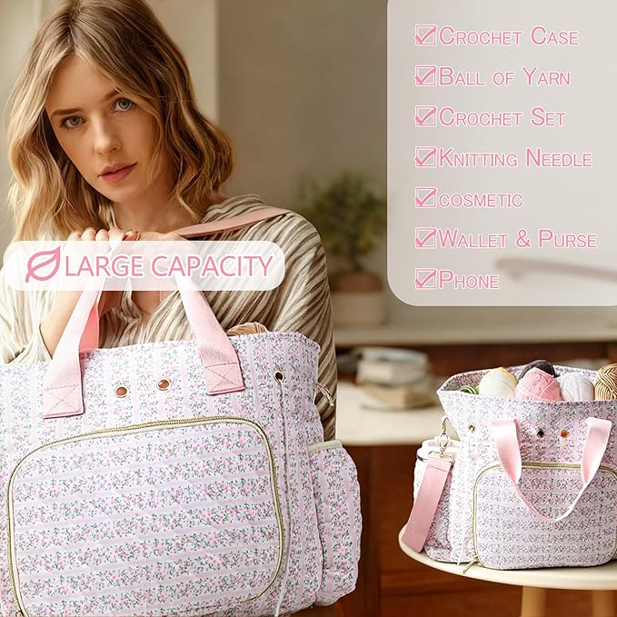 SilTriangle Large Pink Floral Quilted Crochet Knitting Bags and Totes Organizer Cotton Yarn Hook Bag Holder Christmas Corduroy Gift for Crochet Lover Crocheting Accessories, Needle with Zipper, Size L