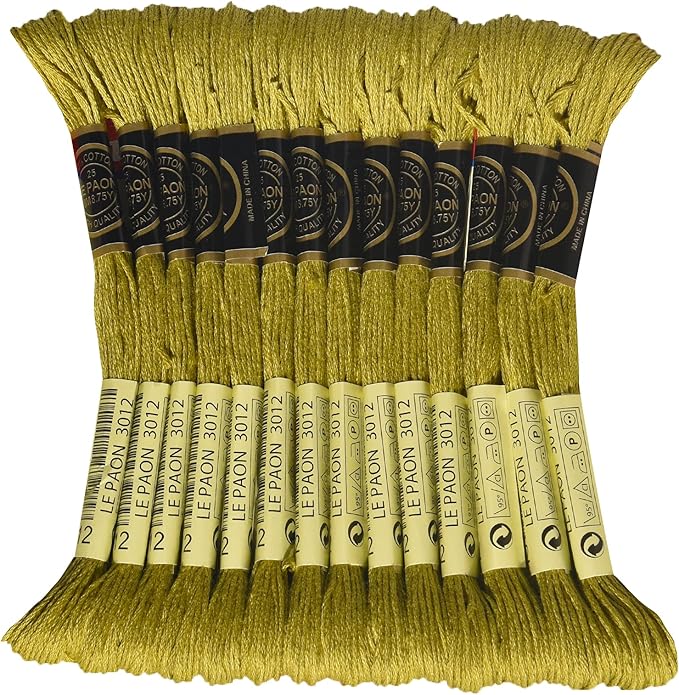 LE PAON Embroidery Floss, 14-Pack Six Strands 100% Long Staple Cotton Embroidery Thread, 8.7-Yard，Color Number：3012, Medium Khaki Green