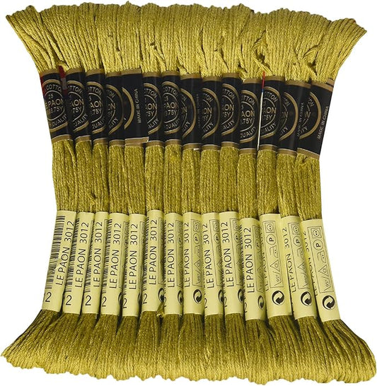 LE PAON Embroidery Floss, 14-Pack Six Strands 100% Long Staple Cotton Embroidery Thread, 8.7-Yard，Color Number：3012, Medium Khaki Green