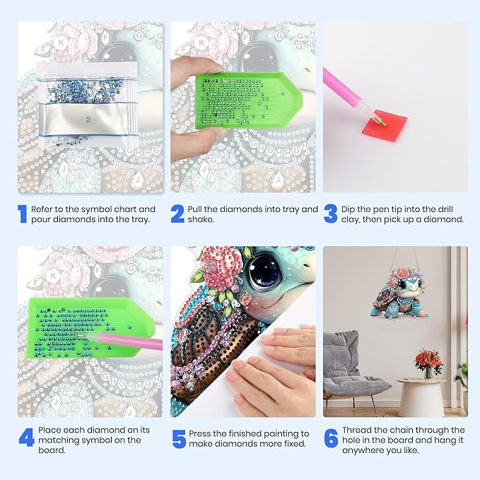 MXJSUA Cute Turtle Diamond Art Hanging Kits for Adults Beginners, Crystal Diamond Suncatchers, Special Shape Diamond Painting Pendant Window Ornament Gifts for Home Garden Door Wall Decor