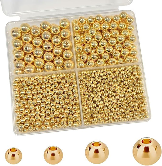 1680pcs Gold Round Spacer Beads 3/4/6/8mm 4 Size Smooth Ball Beads for Jewelry Making Metal Circle Bead for Bracelet Necklace Earring Making Supply