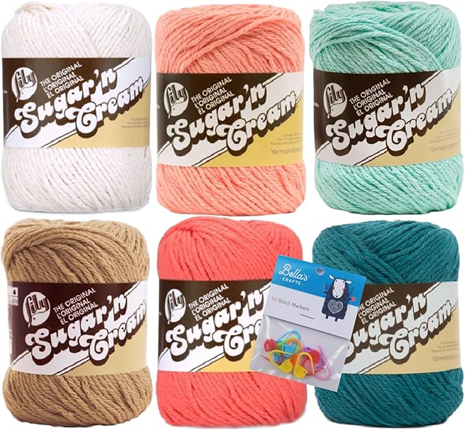 Lily Sugar'n Cream 100% Cotton Yarn 6-Pack Bundle with Bella's Crafts Stitch Markers (Salty Beach Mix)