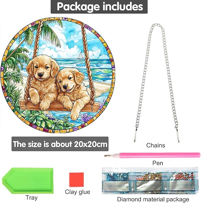 Bimkole Swing Dog Diamond Art Hanging Kit for Adult, DIY 5D Diamond Art Animal Window Pendant, Acrylic Crystal Art Hanging Ornament Home Wall Garden Front Door Sign Outdoor Decor 7.8x7.8 Inch