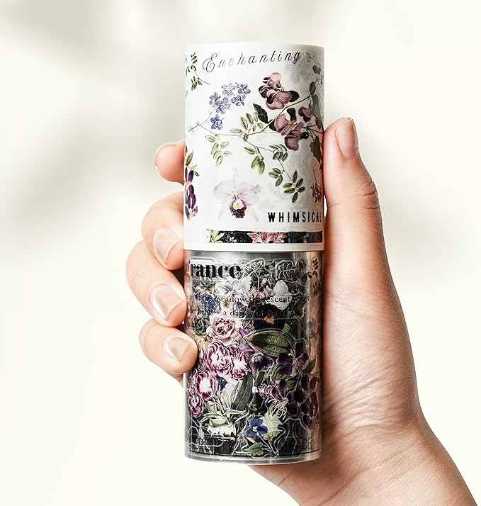 WT Pre-Cut Violet Veil Wide Washi Tape, Single Roll, Soft Lilac Florals & Misty Backgrounds with Script, Decorative Japanese Paper for Journaling, Scrapbooking, Planner, DIY Crafts, 65mm x 5m