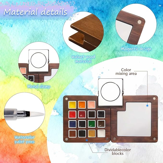 Esoes Mini Watercolor Travel Set - 15 Color Updated Wooden Water Color Paint Set, Portable Pocket Artist Painting Kit With Colors for Painters Artists Students