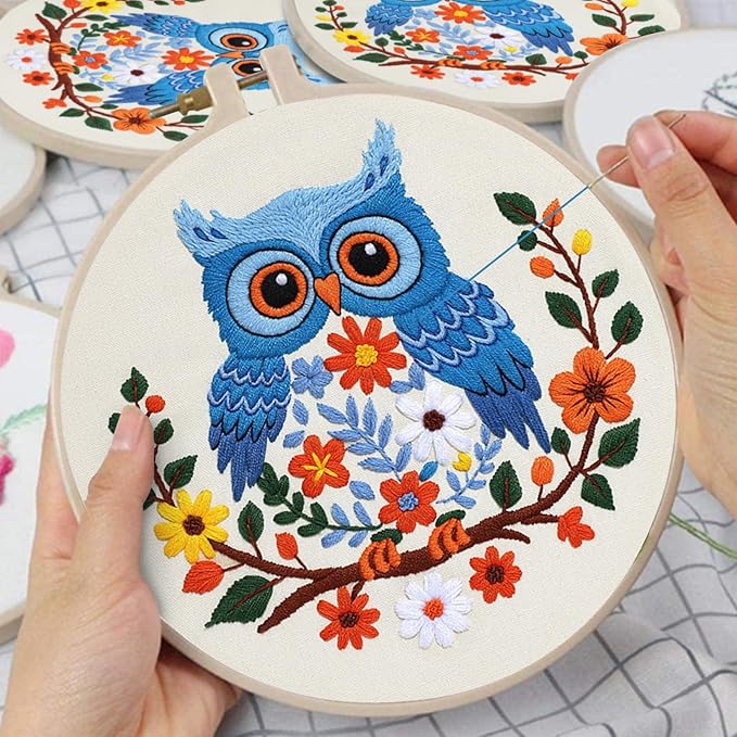 Louise Maelys Owl Embroidery Kits for Beginners, DIY Cross Stitch Starter Craft Kit for Adults Including Cloth with Pattern, Hoop, Needles Instruction and Threads