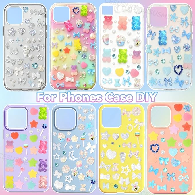 400 Pcs Candy Pearls Junk Phone Case Kit, Flower Bow Star Moon Pearls Case Phone Charms, Flatback Resin Rhinestones Cute Gummy Bear for Junk Cases Decor Accessories